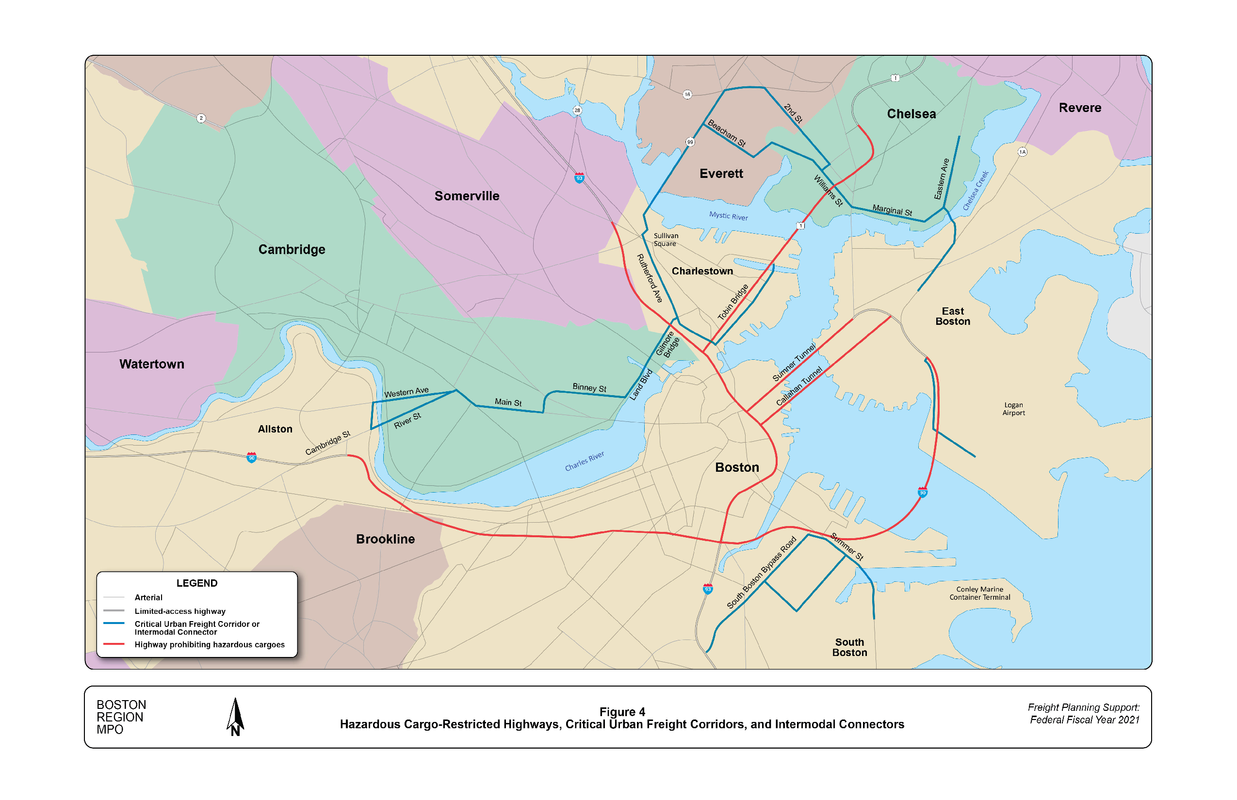 This figure is a map of key roadways in the Boston core area. The most important features highlighted are roadways that prohibit hazardous cargoes.